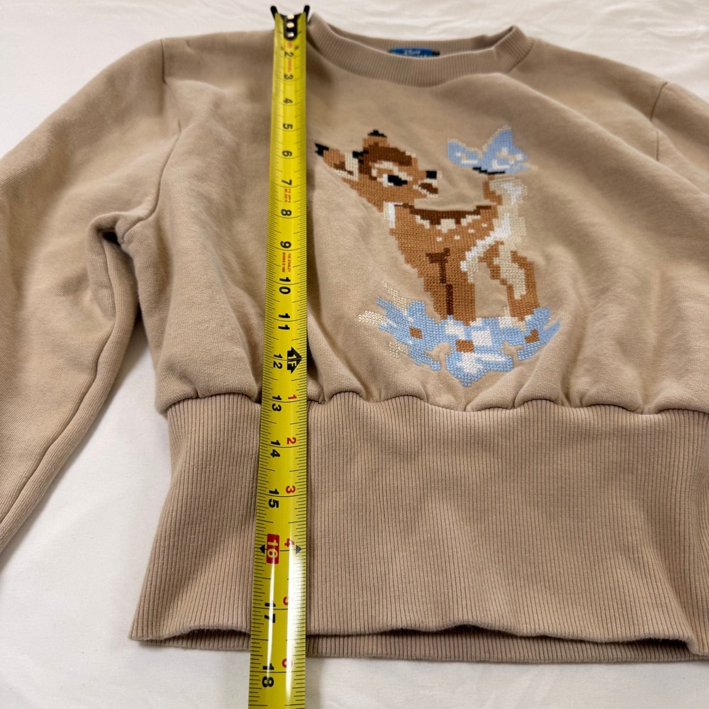 Zara Disney Classics Bambi Sweatshirt Tan Cropped Ribbed Waistband‎ Women Small - Picture 5 of 8